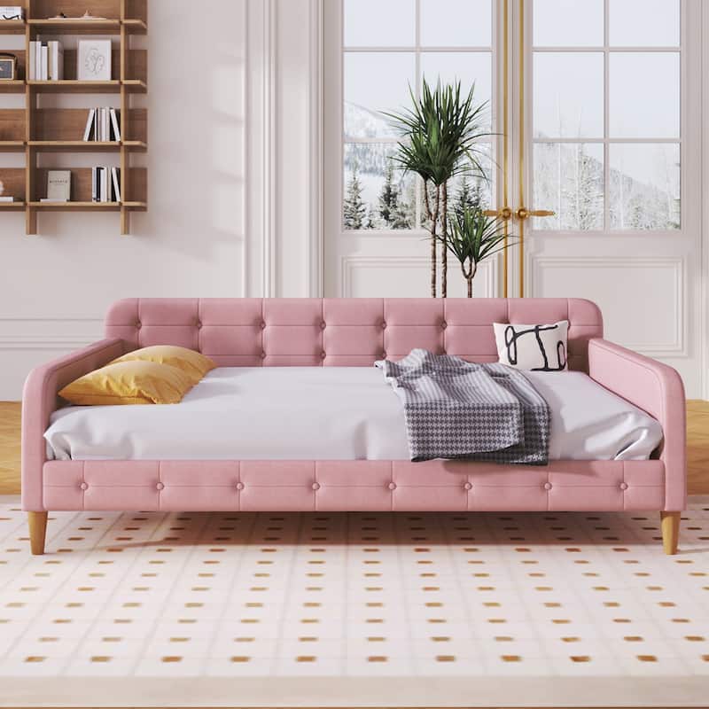Bedroom Full Size Bed Frame, Upholstered Linen Daybed with Button Design Backrest Headboard and Pine Wood Slat Support - Pink