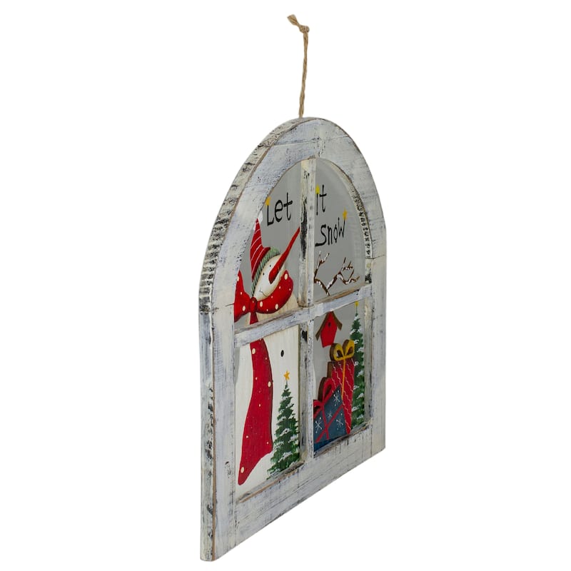 White Rustic "Let It Snow" Snowman Glass Window Scene Christmas Wall Decor - 11.5"