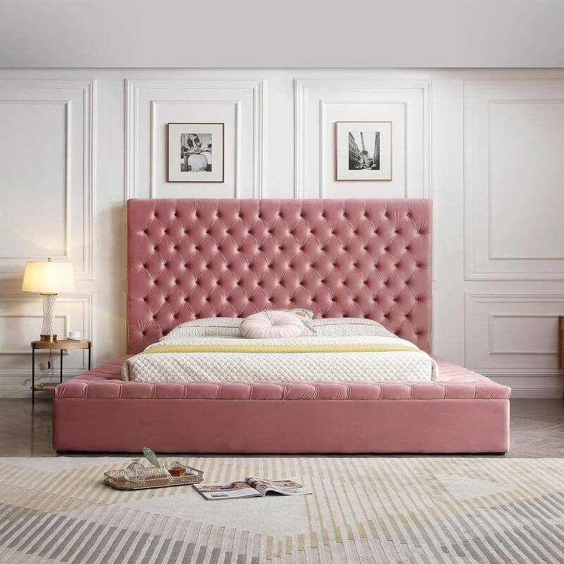 Velvet Upholstered Storage Bed with Headboard - Pink King Platform Bed