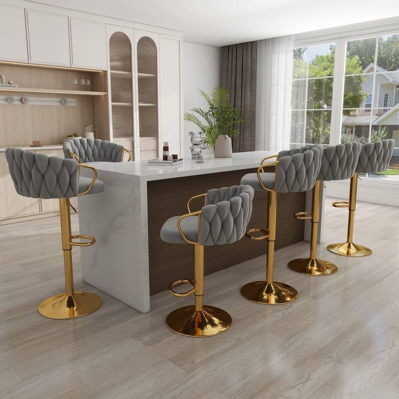 Set of 4 Bar Stool Adjustable Height Swivel Velvet Woven - Gray - Set of 6