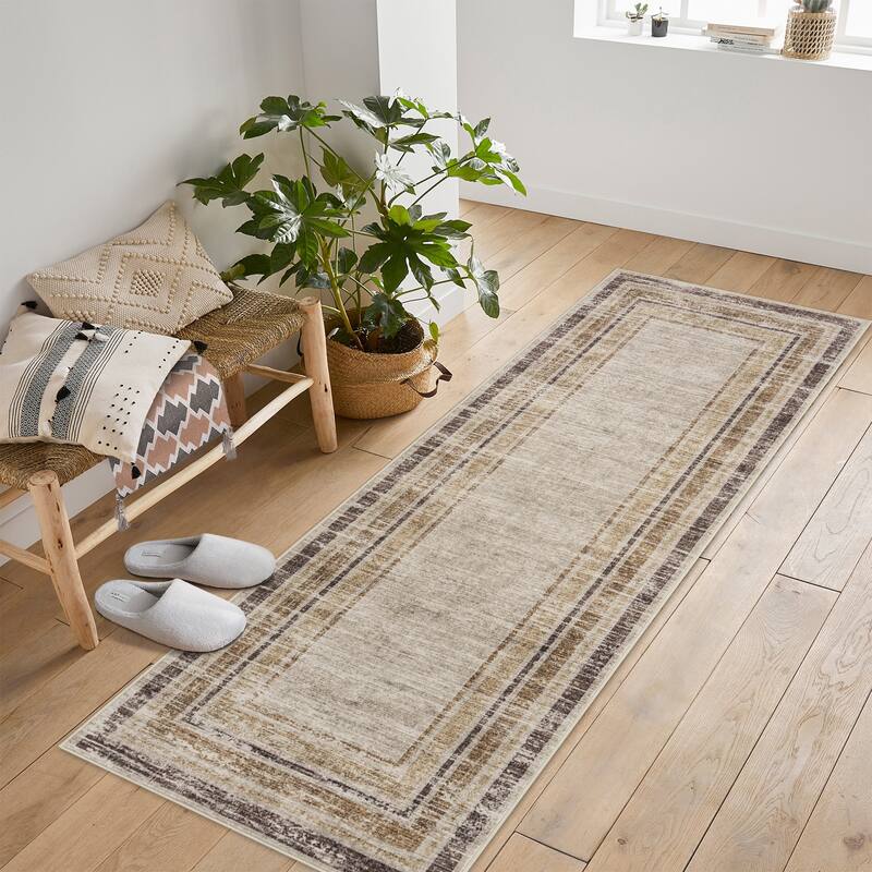 Washable Area Rugs for Living Room, Soft Modern Bordered Rug Non Slip Low Profile Carpets for Bedroom Dining Room