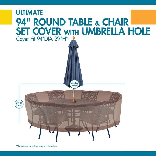 Duck Covers Ultimate Waterproof 94 Inch Round Patio Table and Chair Set Cover with Umbrella Hole