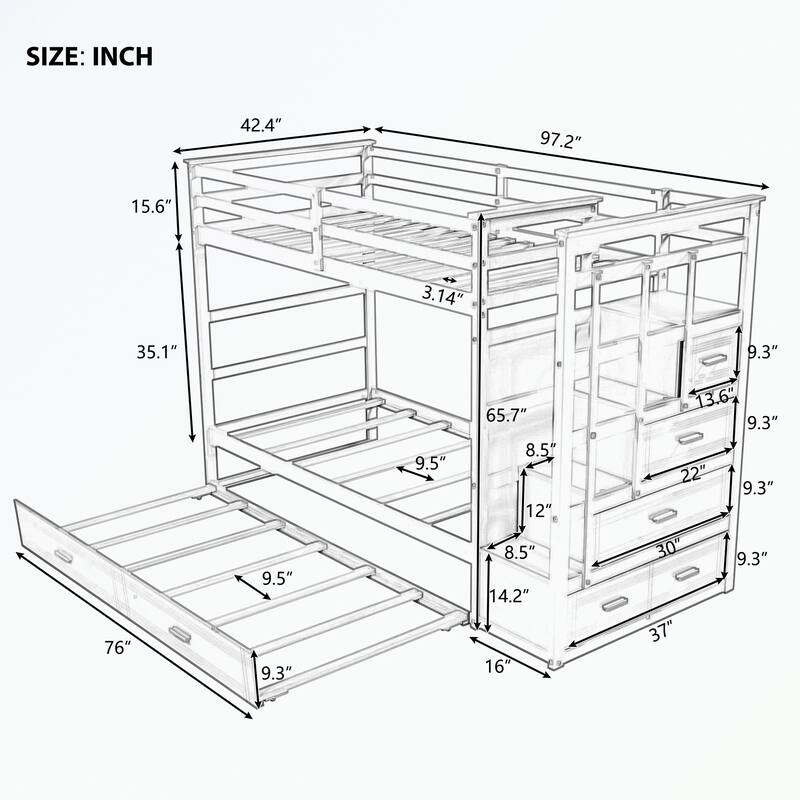 Hardwood Twin Over Twin Bunk Bed with Trundle and Staircase