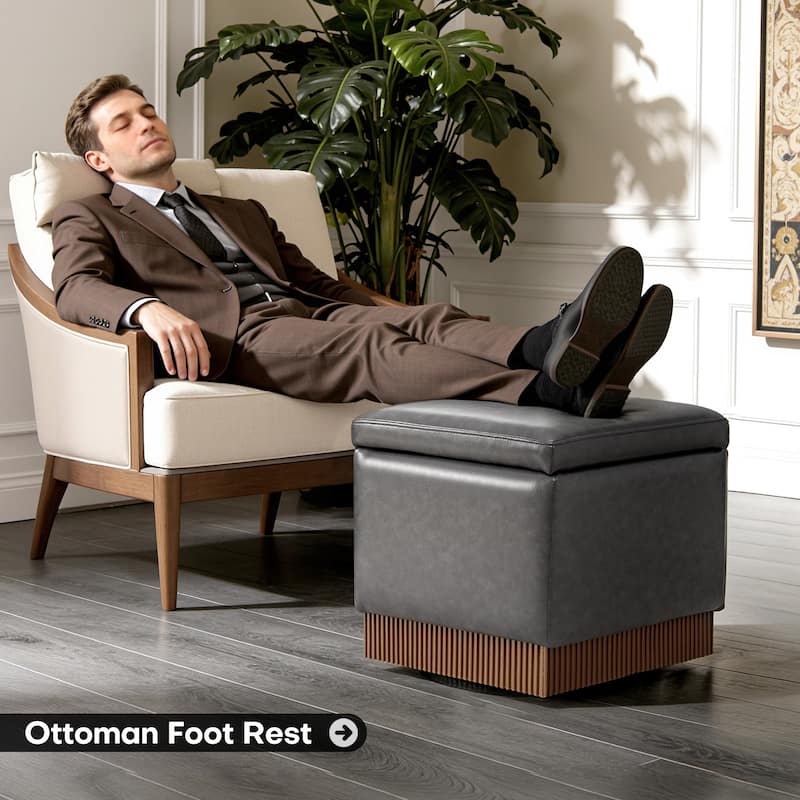 Swivel Storage Ottoman Bench Footstool with Flip-top and Acacia Frame