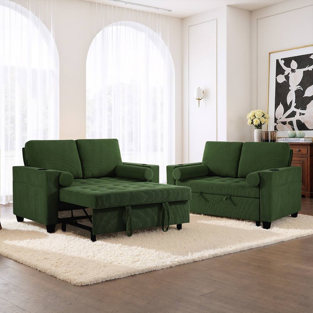 2 Set Multi-Functional Sleeper Sofa Bed 3-in-1 Pull-Out Convertible Adjustable Loveseat with USB Port