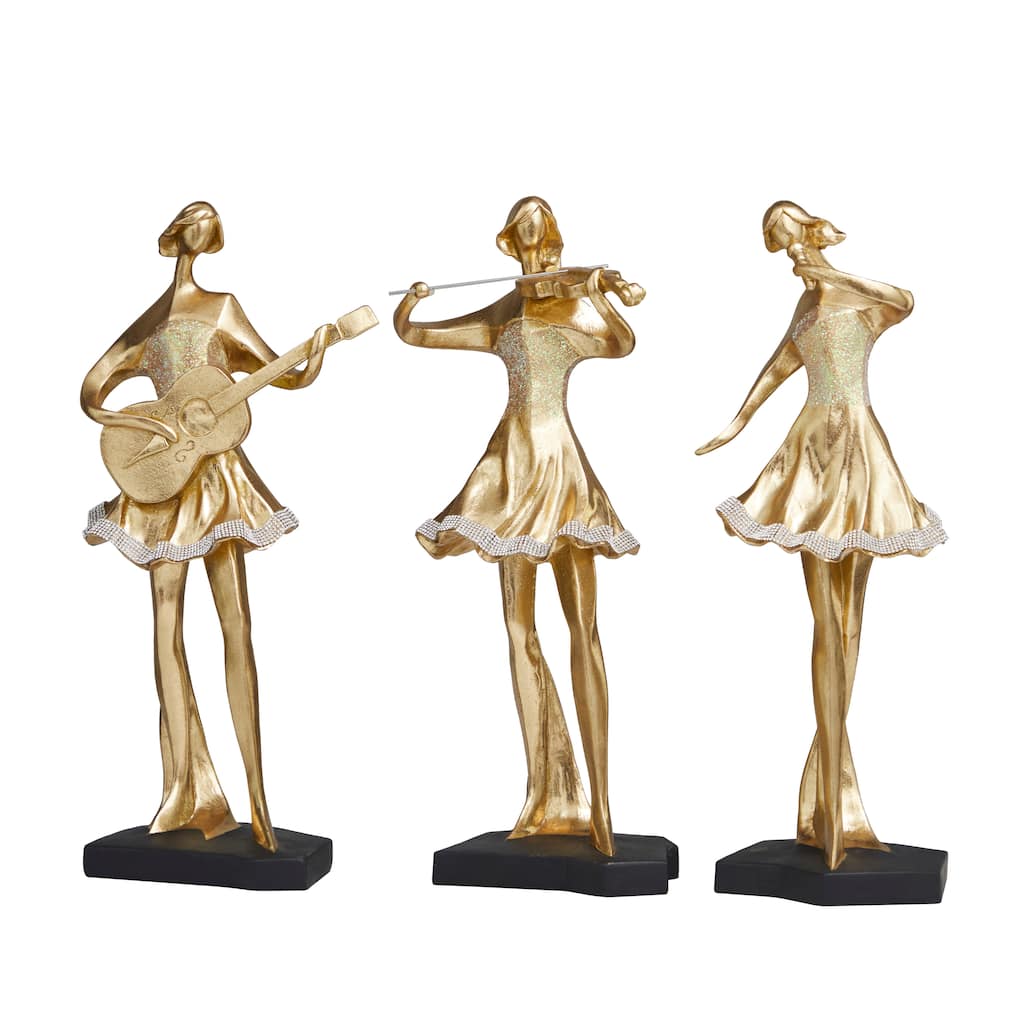 Resin Musician Abstract Women Sculpture with Glitter and Rhinestone Detailing - Set of 3 Gold - Roche River Decor