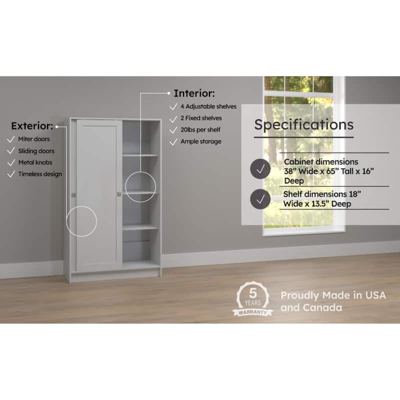 Prepac Elite Plus 38" W White Storage Cabinet, 65" Tall Pantry Cupboard with 2 Fixed and 4 Adjustable Shelves