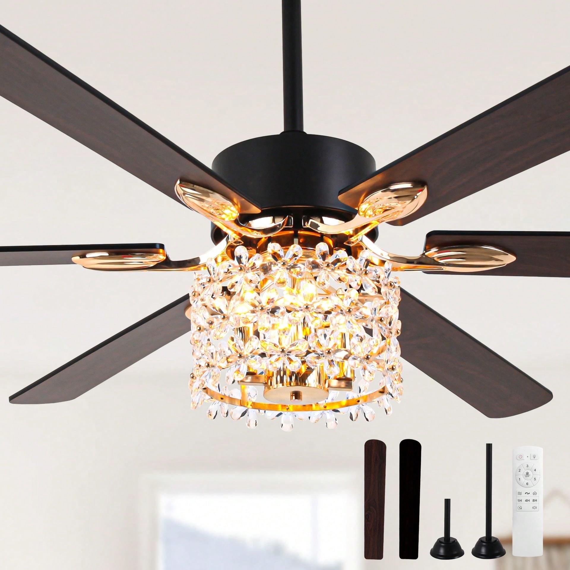 Cusp Barn 65 Inch Modern Crystal Daisy Chandelier Ceiling Fan with Lights and Remote, Slient DC Motor Fandelier Ceiling Fan
