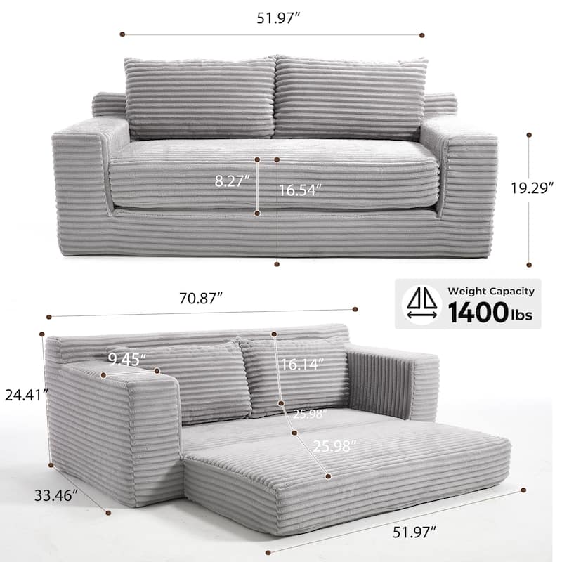 2-in-1 Loveseat Couch Convertible into Sleeper Sofa Bed with Memory Foam & Steel Frame, Corduroy Deep Seat Loveseat Sofa
