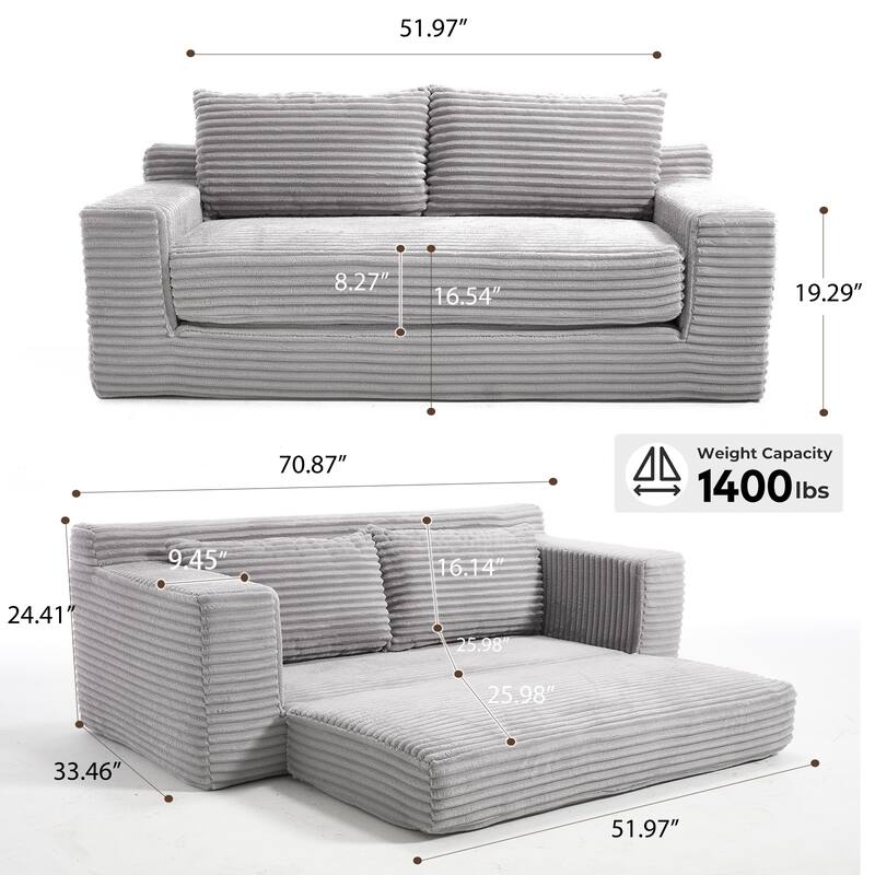 Convertible Loveseat Sofa Bed in Light Grey Corduroy Fabric, No Assembly