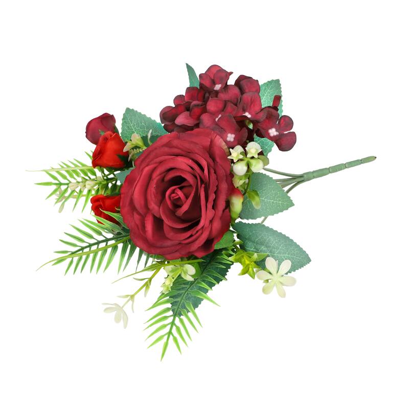 Set of 4 Burgundy Red Artificial Delicate Mixed Rose Hydrangea Flower Stem Bush Bouquet 11in - 11" L x 9" W x 6" DP