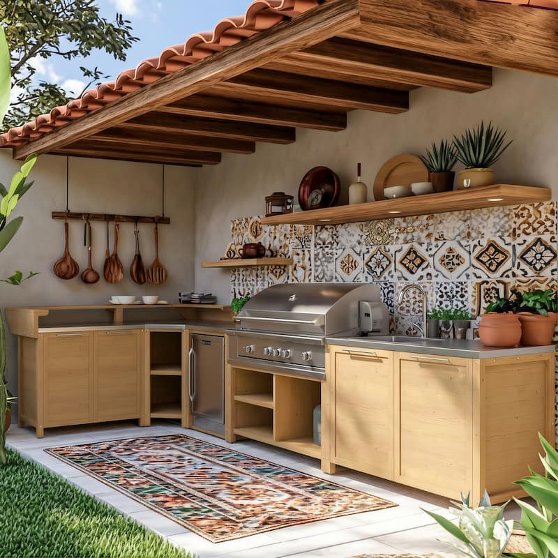 Modular Outdoor Kitchen Cabinet Set 100% Solid Wood Patio BBQ Island with Stainless Steel Countertop