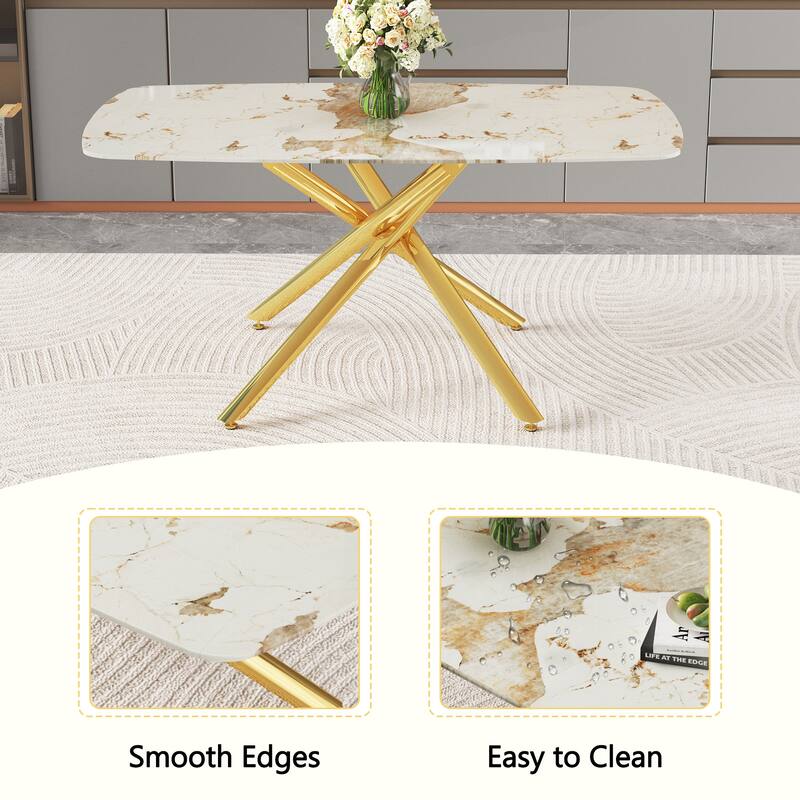 Modern Dining Table Set for 4-6, 63" Marble-Patterned Tempered Glass Table with Plastic Chairs, Compact Modern Kitchen Table Set