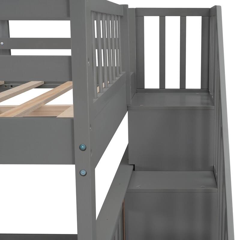 Stairway Full-Over-Full Bunk Bed with Drawer, Storage and Guard Rail for Bedroom