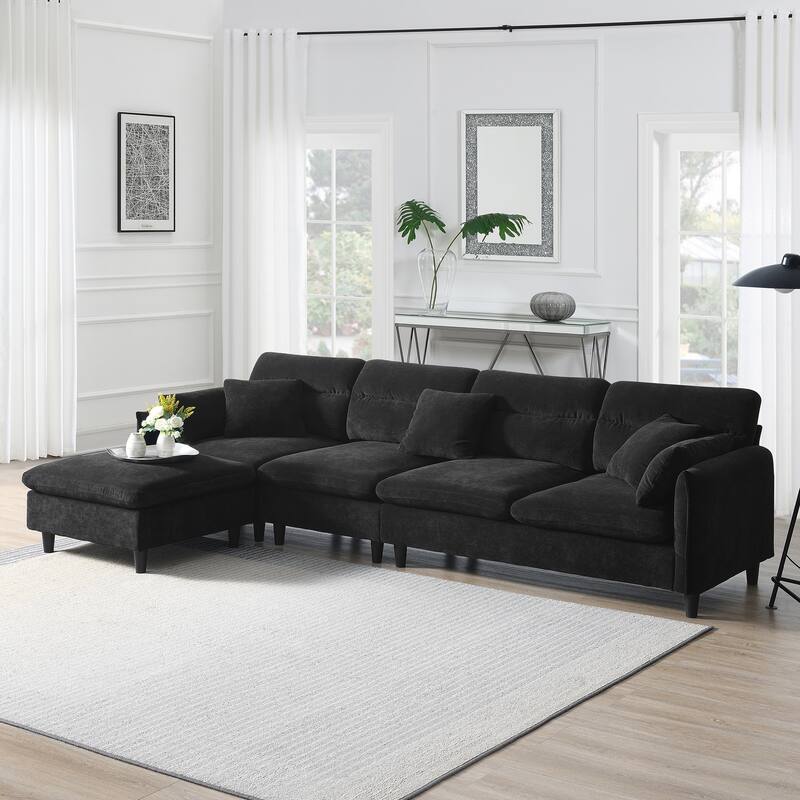 Convertible Sectional Sofa,L-Shaped Reversible Couch Set With Free Pillows,5 Seat Cloud Chenille Indoor Furniture With Ottoman - Black