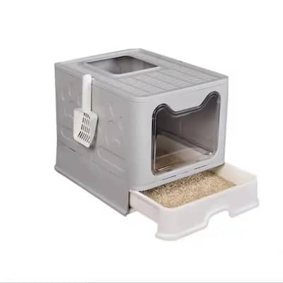 Collapsible Enclosed Cat Litter Pan with Lid and Top Entry and Litter Scoop - 16.14”L x 20.7”W x 4.92”H
