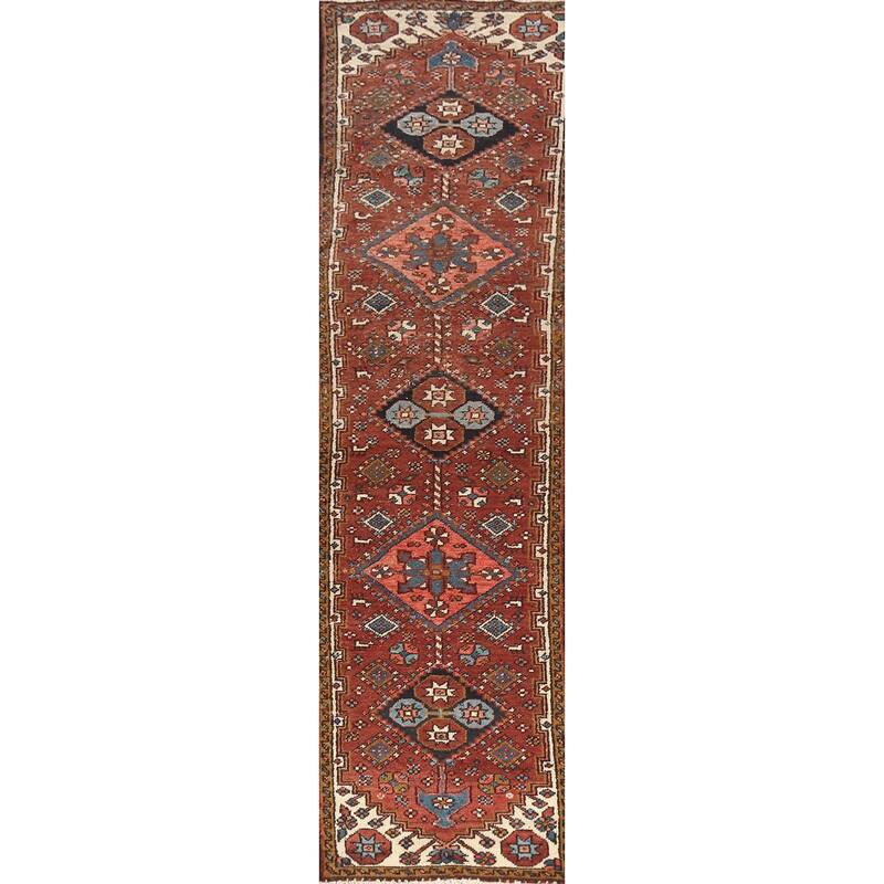 Hand Knotted Oriental 100% Wool Carpet Traditional Geometric Oranges & Rust Heriz (serapi) Runner Rug - 10' 7'' X 2' 1''