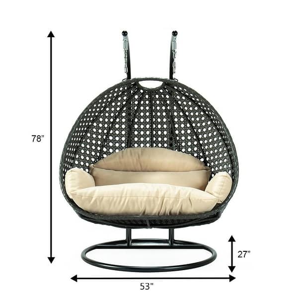 dimension image slide 13 of 16, LeisureMod 2-Person Double Egg Swing Chair - Charcoal Wicker with Metal Stand & Plush Cushions - Modern Outdoor Patio Lounger