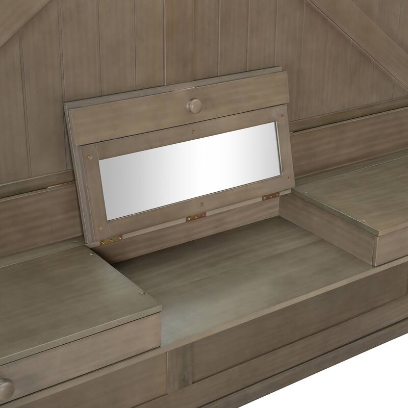 Space-Saving Queen Murphy Bed with Vanity Desk, Mirror & Storage Drawers in Distressed Gray