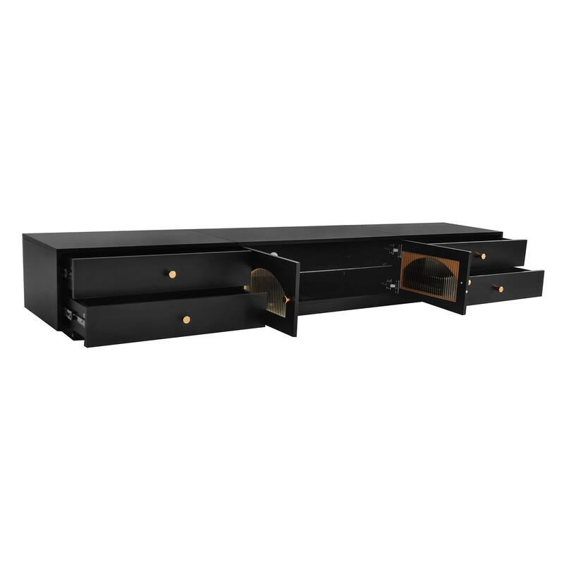 Luxurious TV Stand with Fluted Glass Doors & 4 Drawer, Wood Media Console with Multiple Storage Options & Tempered Glass Shelf