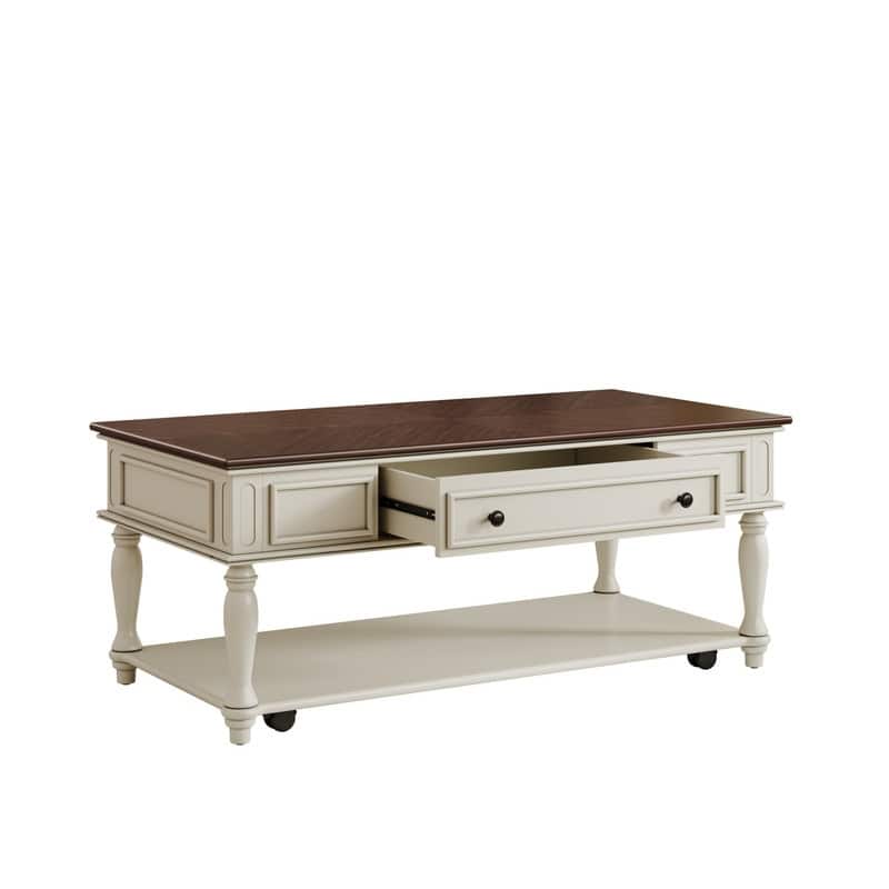 Farmhouse Coffee Table with One Drawer, Easy Assembly, Retro Movable Rectangular Cocktail Table with Lockable Wheels