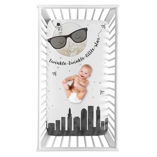Moon and Star Boy or Girl Photo Op Fitted Crib Sheet - Grey Black Gold Modern Celestial City Skyline Twinkle Twinkle Little Star
