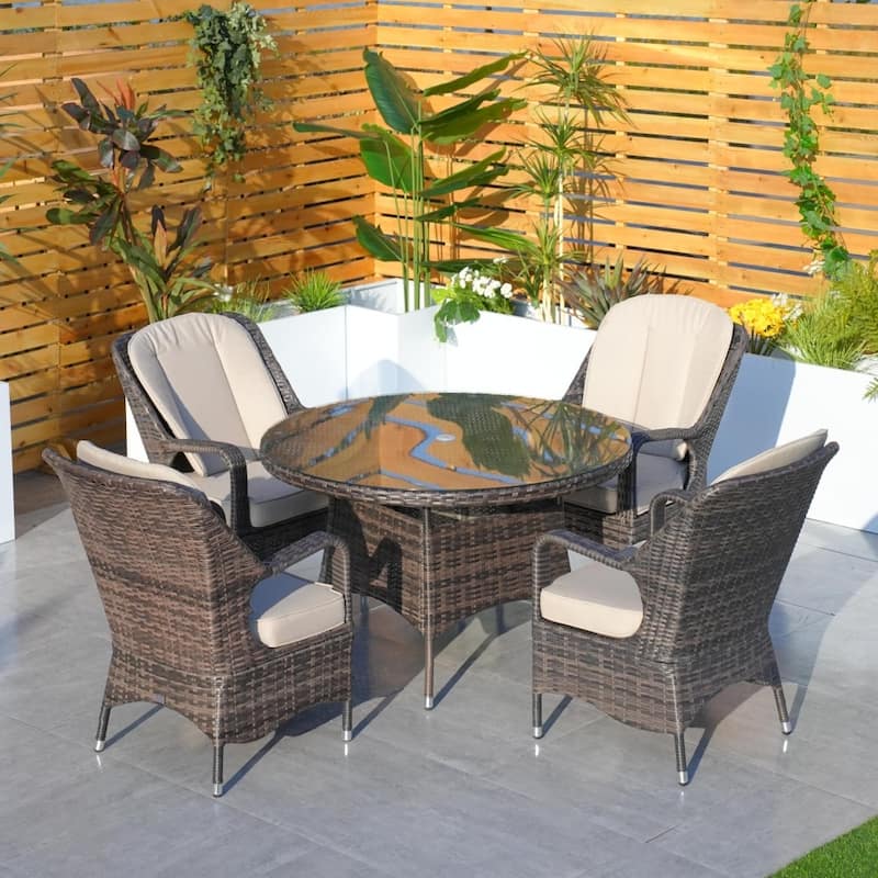 Outdoor 5-piece Aluminum Dining Set with Round Glass Table and 4 Wicker Chairs - Brown