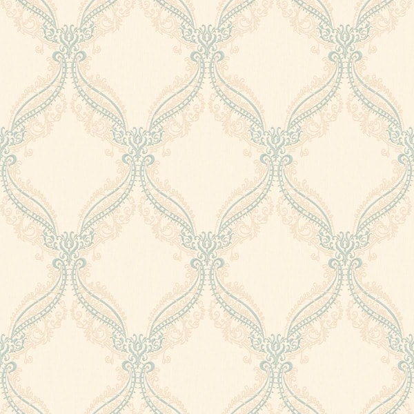 slide 2 of 2, Seabrook Designs Pema Ogee Unpasted Wallpaper 27 in. W x 27 ft. L - Metallic Tan & Blue Dusk