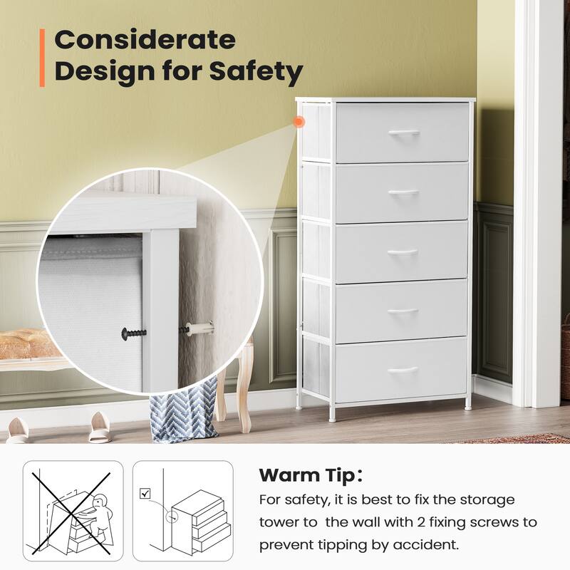 Pellebant Fabric Vertical Dresser Storage Chest Tower with 5 Drawers