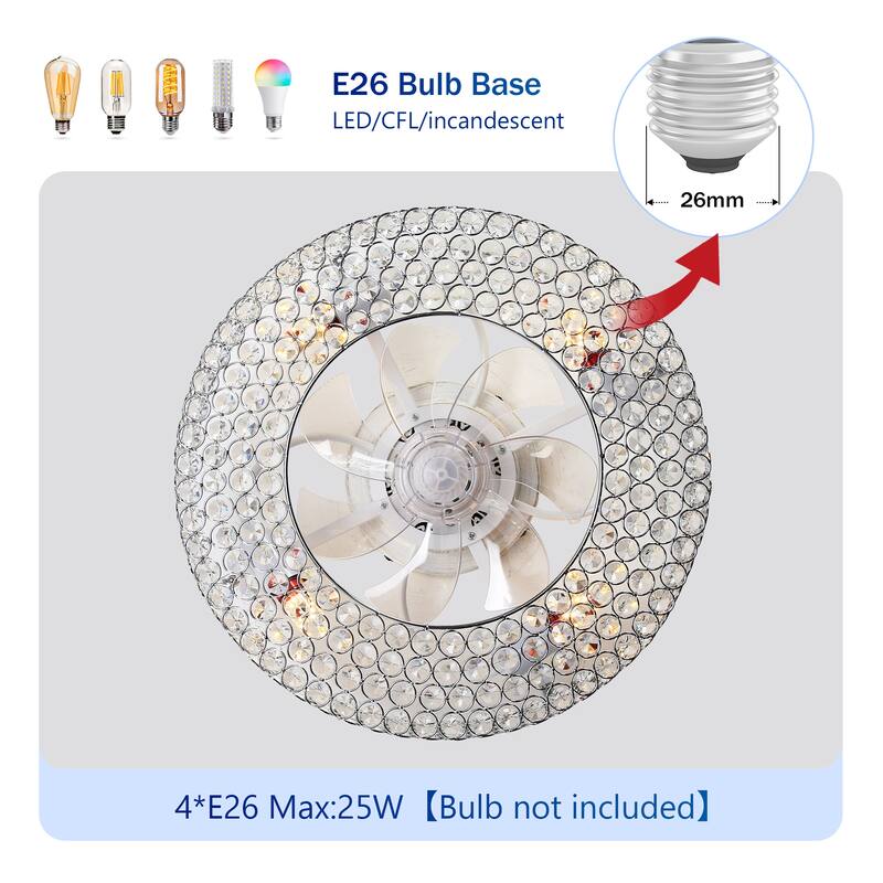 19.6'' Crystal Ceiling Fans with Remote, Flush Mount Ceiling Fan with Light, Chandelier Fan 6 Speed DC Motor Reversible