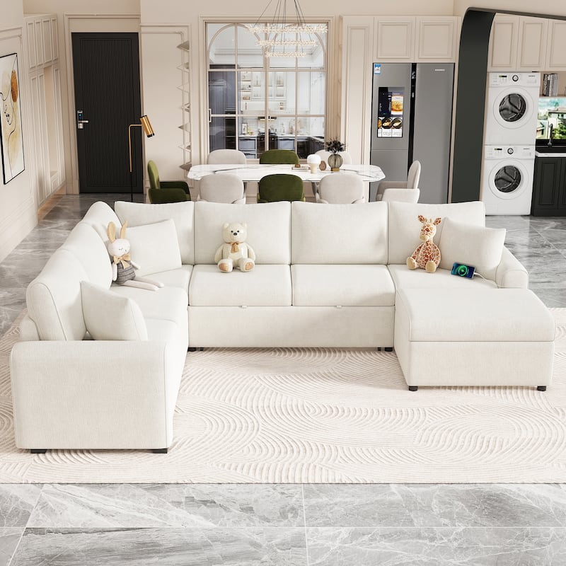 112.2" L-Shaped 6-Seat Sectional Sofa with Pull-Out Bed, Storage Ottoman, 3 Back Pillows, and USB Charging Ports