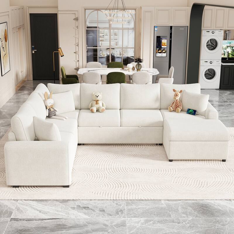Sectional Sofa Pull-out Bed with Storage Ottoman and Charging Devices - White