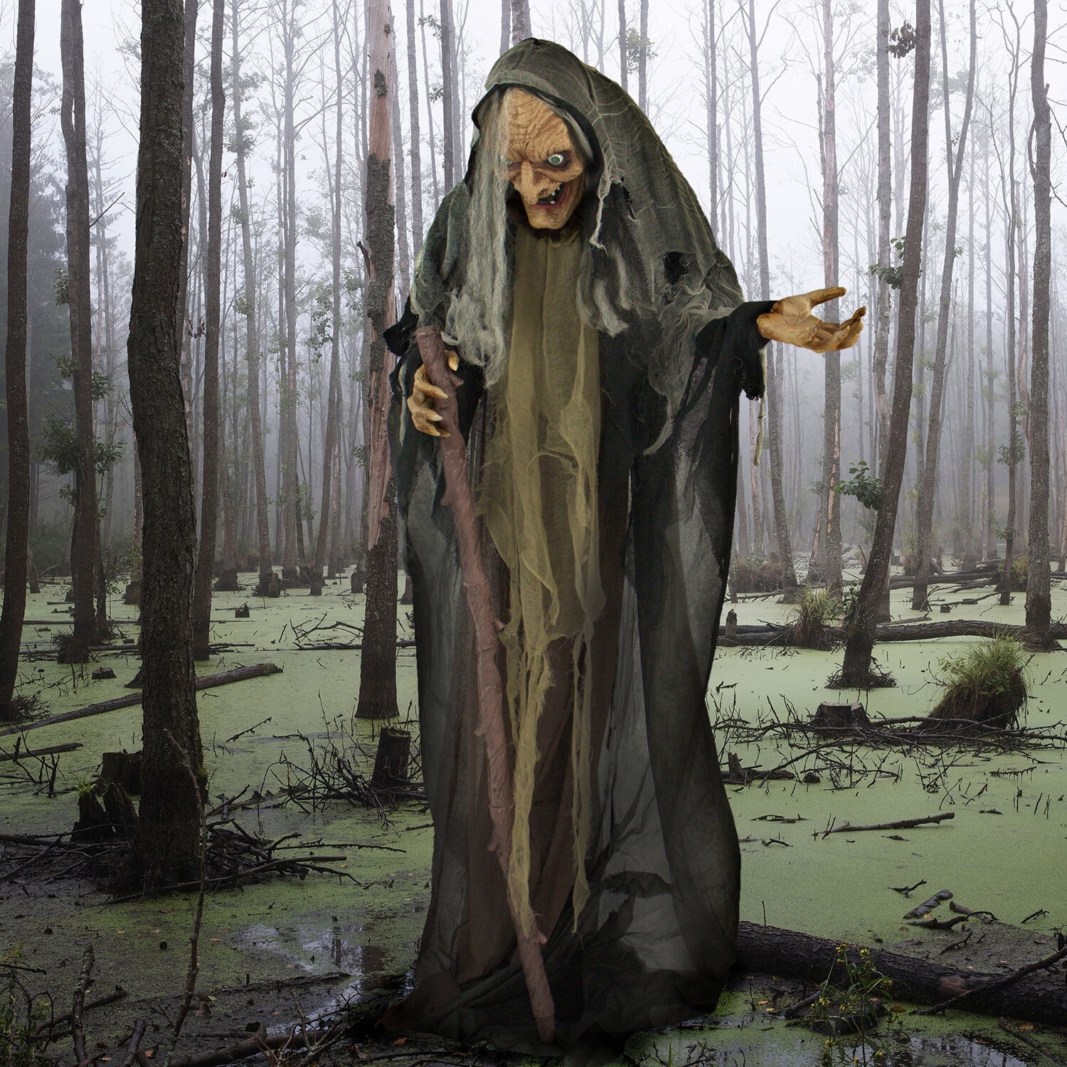 Haunted Hill Farm Life-Size 5.3-Ft. Poseable Witch with Lights and Sound, Indoor/Covered Outdoor Halloween Decoration