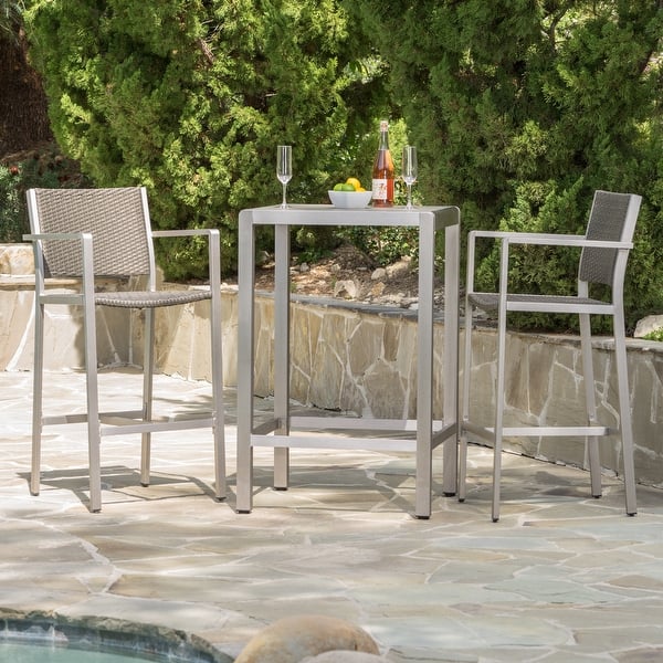 slide 2 of 18, Cape Coral Outdoor 3-piece Bar Set with Glass Table Top by Christopher Knight Home Grey