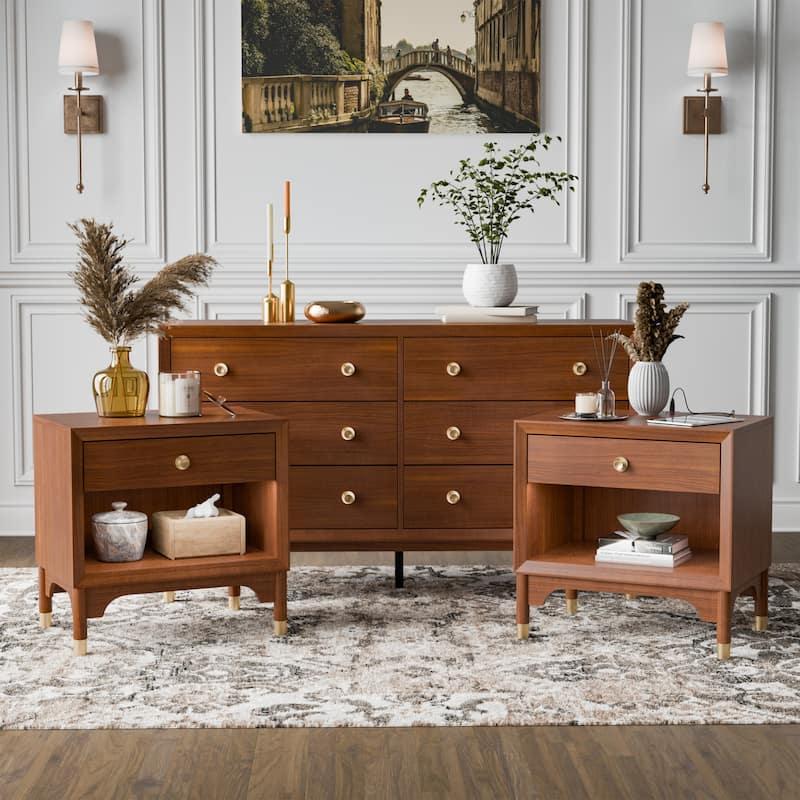 Furniture of America Forma Mid-Century Modern 3-Piece Walnut Dresser and 2 Nightstand Bedroom Set - Walnut