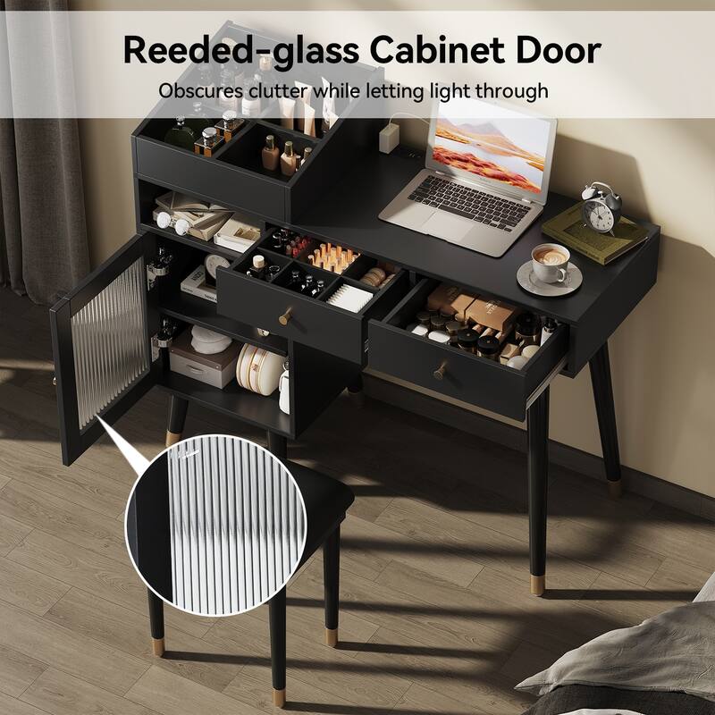 2-Piece Bedroom Set Includes Dressing Table & Upholstered Stool, Makeup Vanity Desk with Charging Station, Drawers & Cabinet