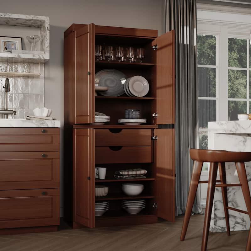 Solid Wood Tall Freestanding Kitchen Pantry Cabinet with Doors & 2 Drawers, Adjustable Shelves, Modular Storage, 32" W x 71.5" H - Mocha