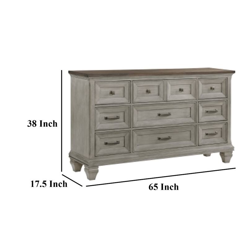 Giny Dresser, 65 Inch, 9 Drawers, Brown and Antique Gray Acacia Wood
