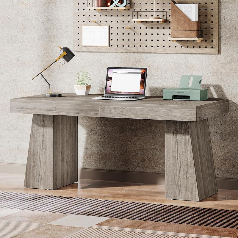 55 Inches Brown Wood Large Executive Desk for Home Office