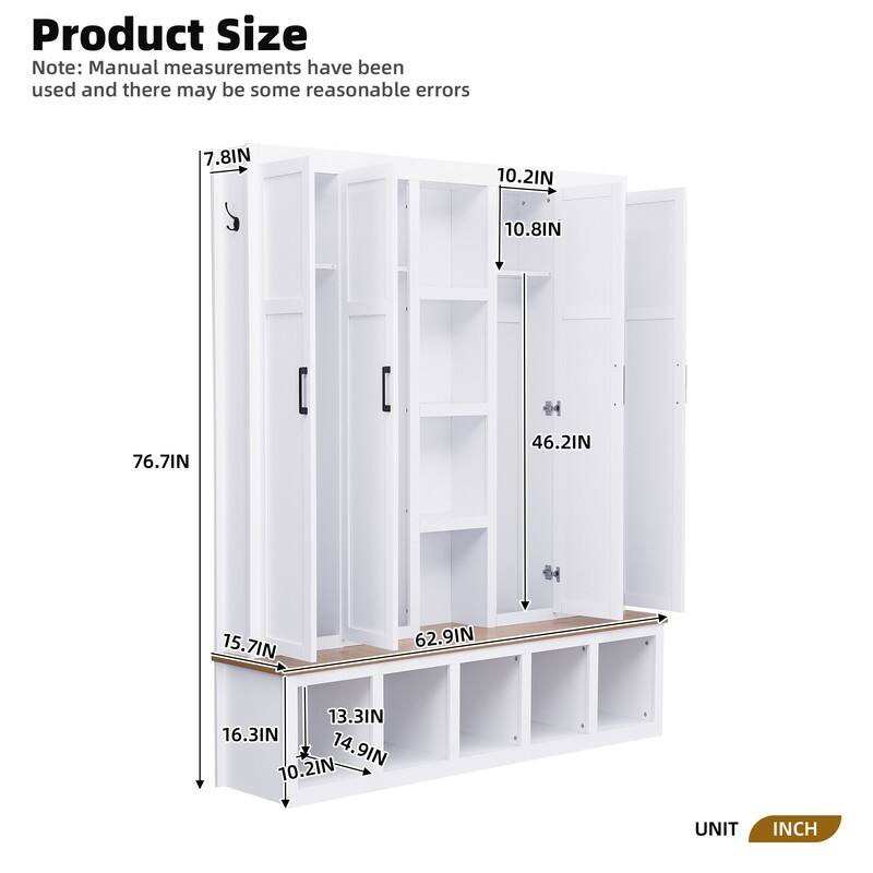 4-in-1 Hall Tree with 6 Hanging Hooks, Entryway Shoe Cabinet with Open Compartments, Wood Bench with Multiple Storage Space