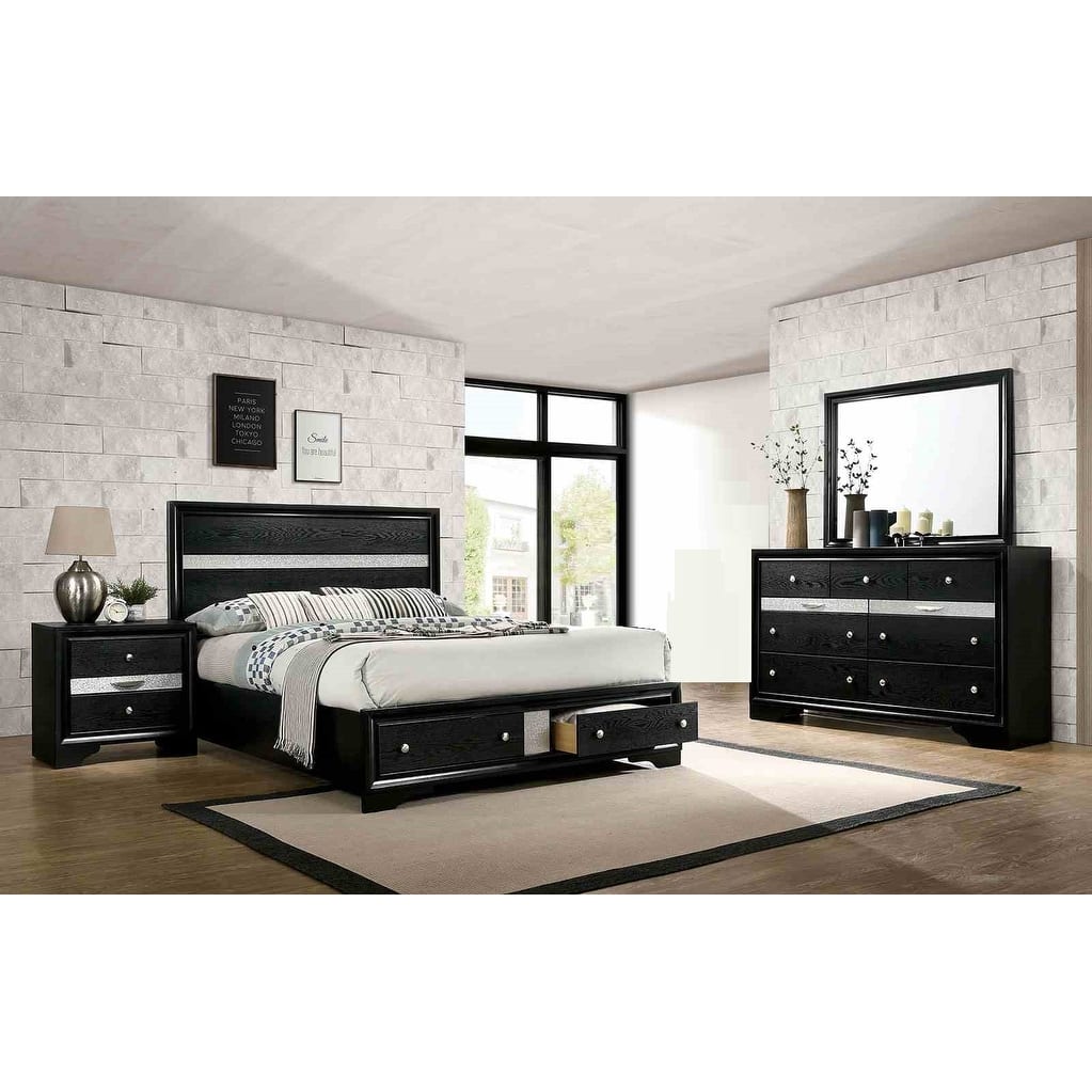 Black Finish Contemporary Bedroom Furniture Set with Hidden Jewelry Drawers