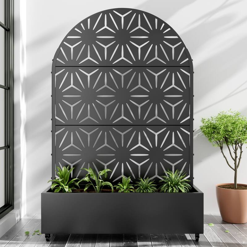 Metal Movable Planter Box with Trellis Privacy Screen Planter Box with Lockable Wheels - Black3