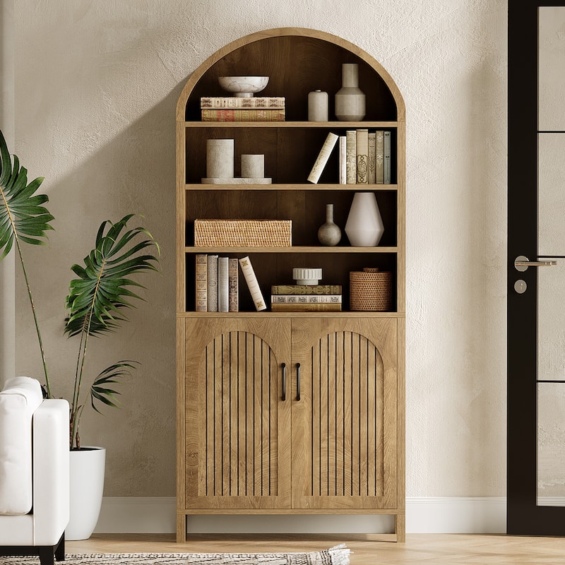 8-Tier Bookshelf with Doors & Adjustable Shelves