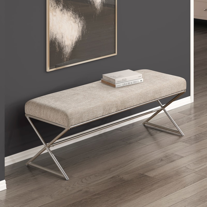 Contemporary Upholstered Bench Taupe Chenille Seat Plush Comfort Home Furniture 1pc Entryway Bench Metal Frame Champagne Finish - Champagne,taupe