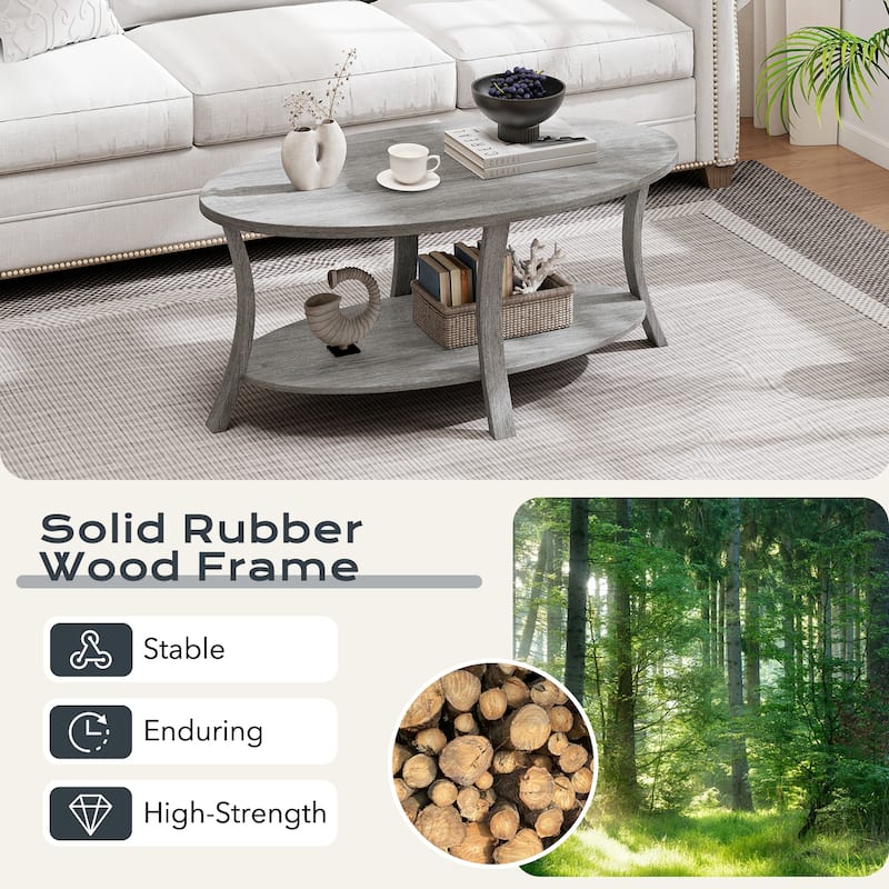 Gymax 2-Tier Oval Coffee Table w/ Storage Shelf Rubber Wood Accent Tea