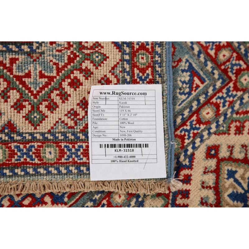 Geometric Blue Kazak Rug Hand-Knotted Accent Wool Carpet - 2'10"x 3'11"
