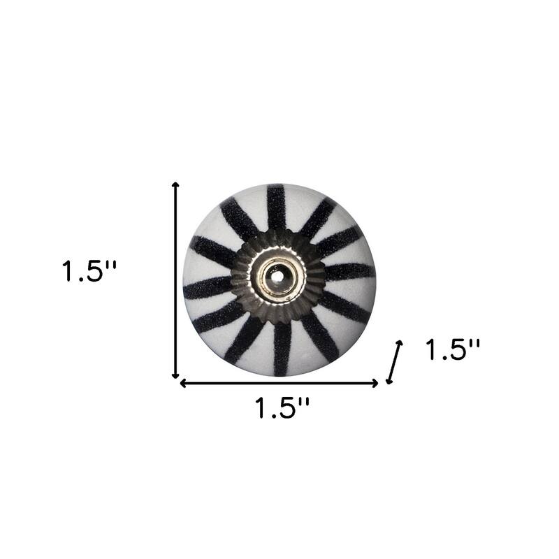Set of 8 Hand-Painted Black & White Botanical Ceramic Cabinet Knobs Traditional Round Drawer Pulls with Metal Base