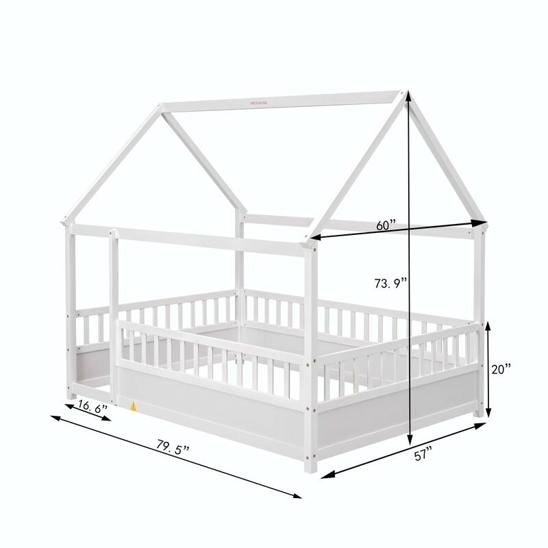 Full Size Floor Wooden Bed with Fence Guardrails