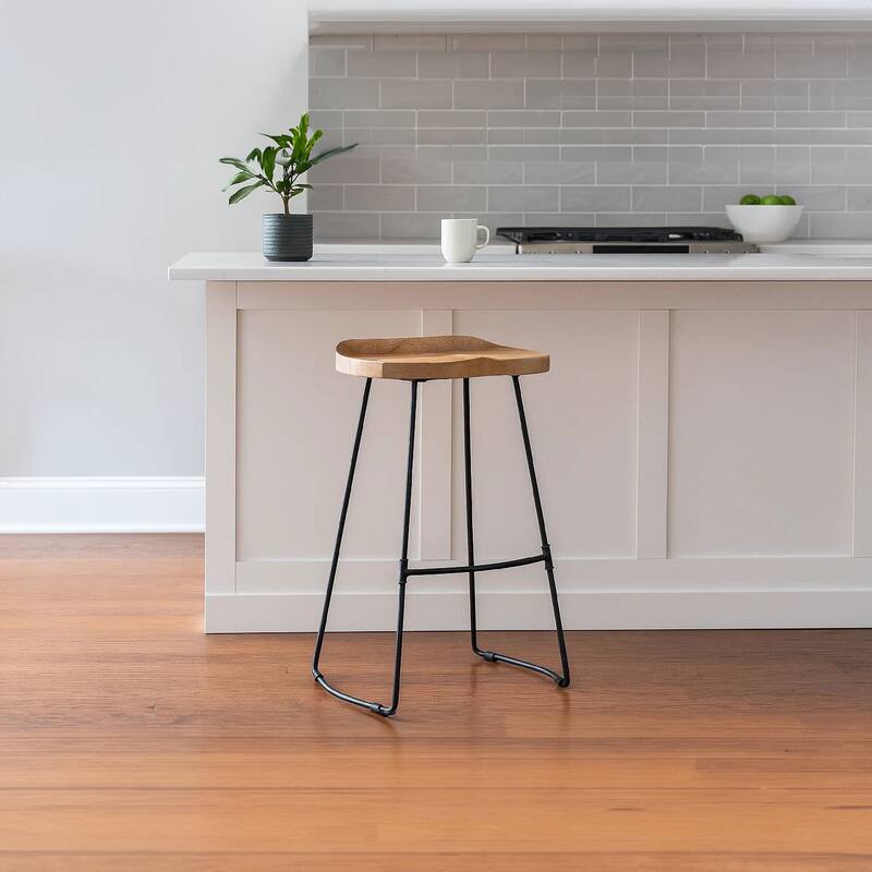 Tiva 30 Inch Handcrafted Backless Barstool, Natural Brown Mango Wood Saddle Seat, Black Metal Base - Single - Brown, Black - Bar Height