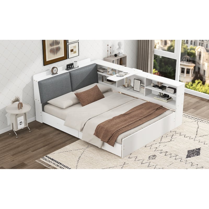 Wood Full Size Modern Platform Bed w/Flip Storage Upholstered Headboard, Shelves & 2 Drawers, Low-Profile Daybed Bed for Bedroom